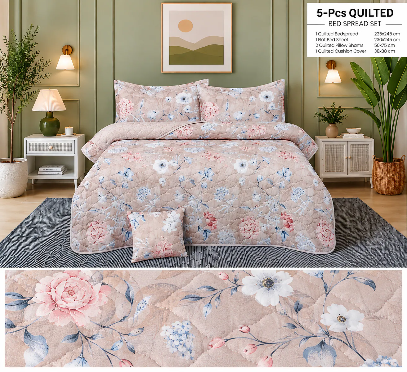 BBL 5 PCs Comforter Set – Beige Blue Floral